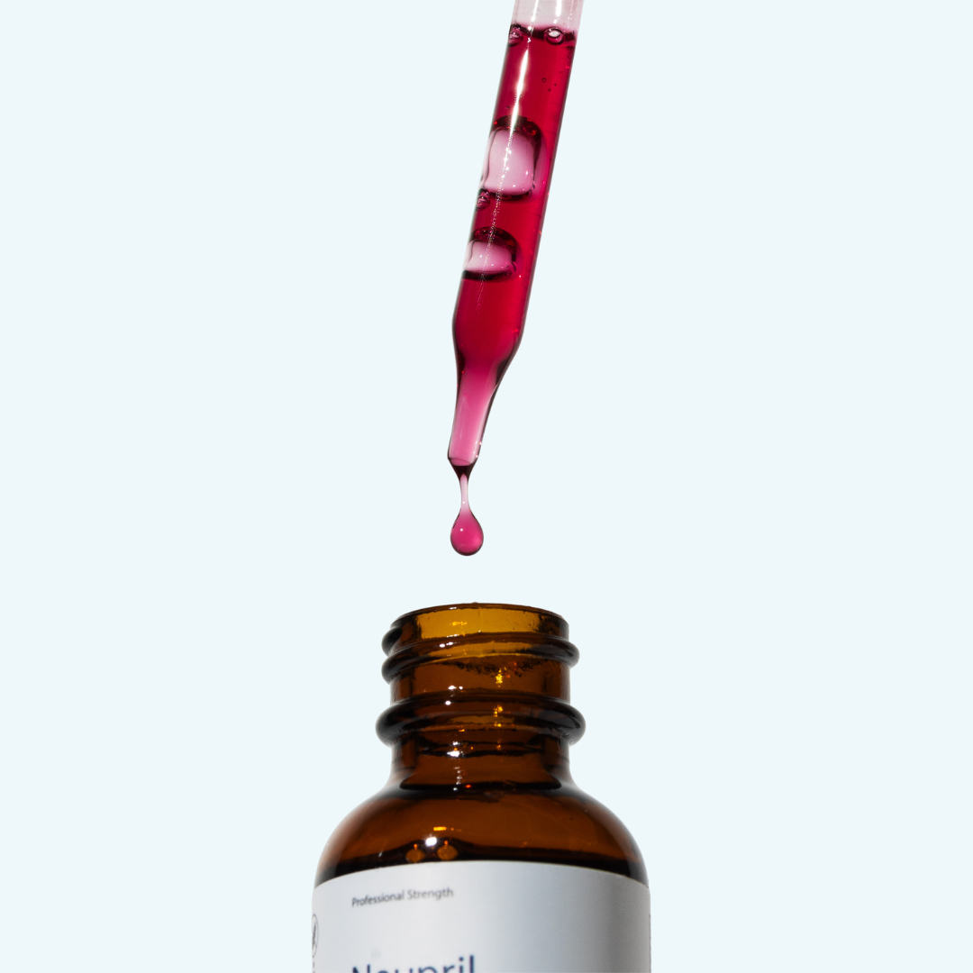 Neupril Methylfolate liquid supplement drops in an amber bottle with a precision glass dropper.