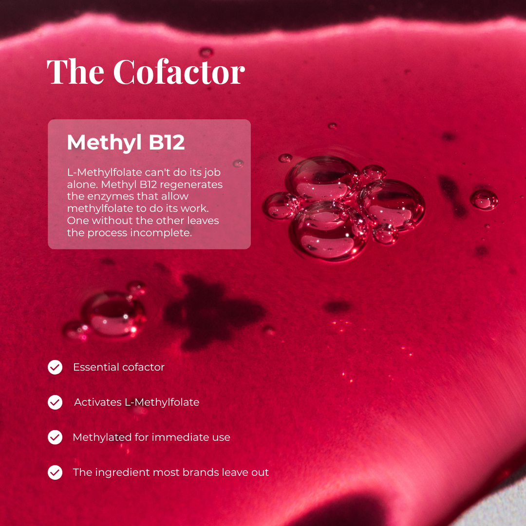 Red background with droplets and text about Methyl B12 cofactor