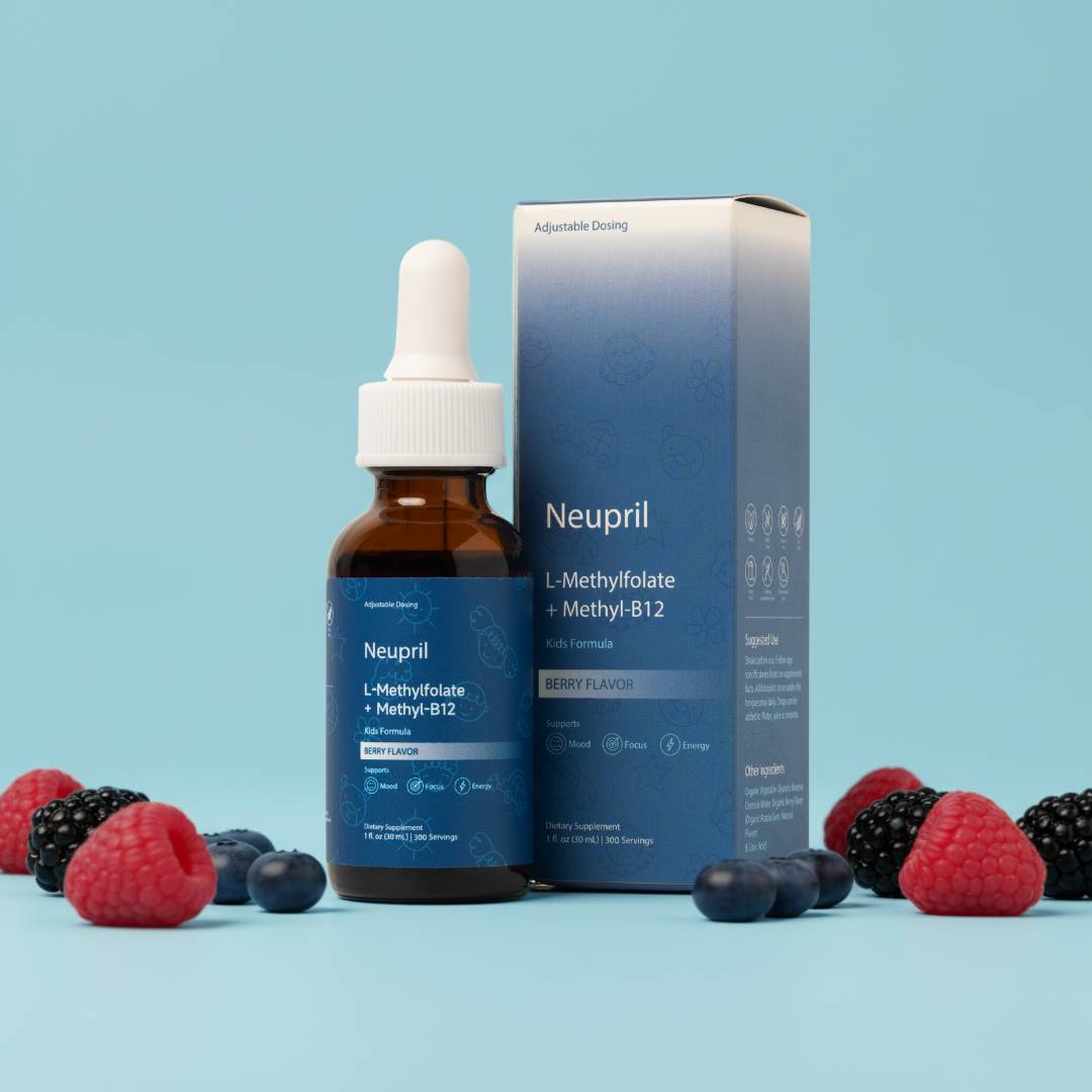 Neupril Kids supplement bottle and packaging with berries on a blue background
