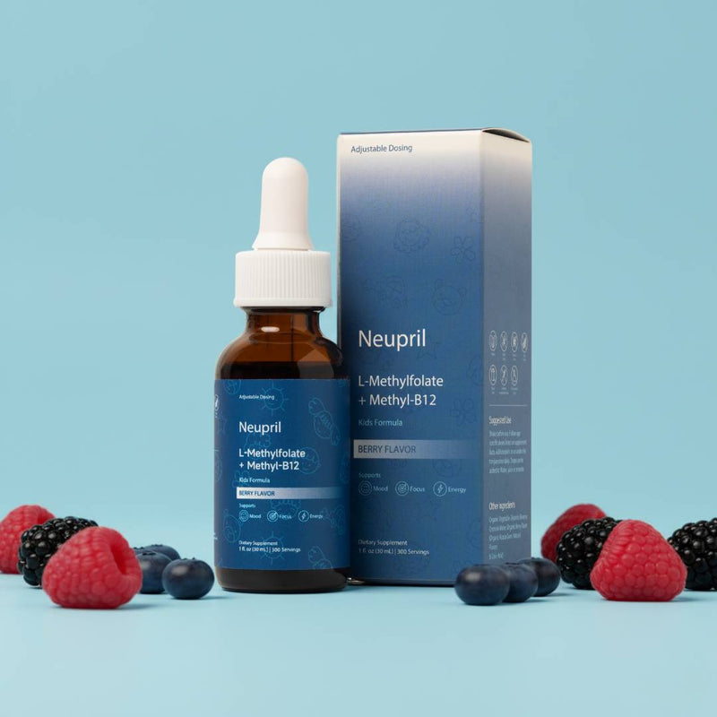 Neupril Kids supplement bottle and packaging with berries on a blue background