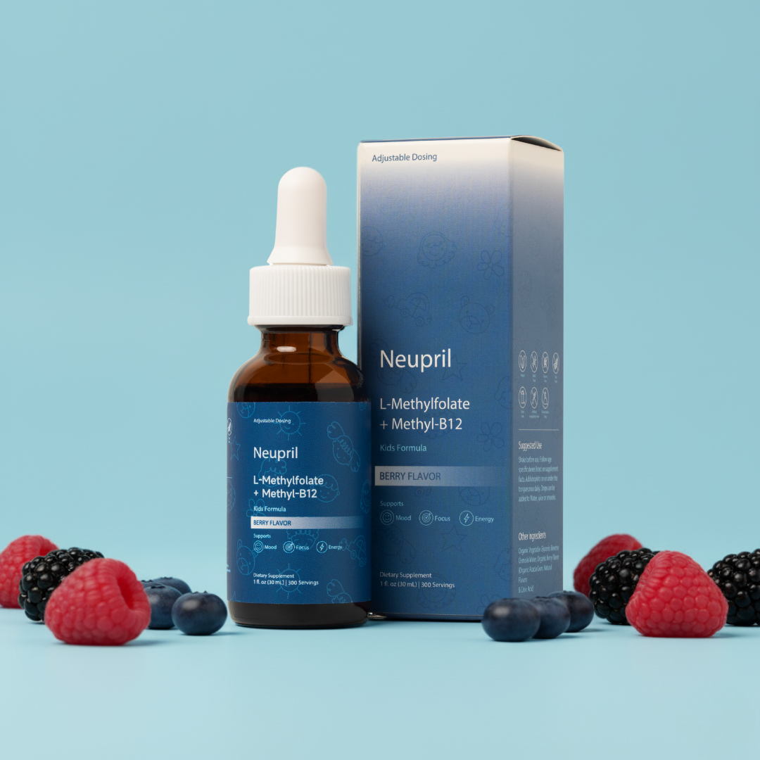 Neupril Kids supplement bottle and packaging with berries on a blue background