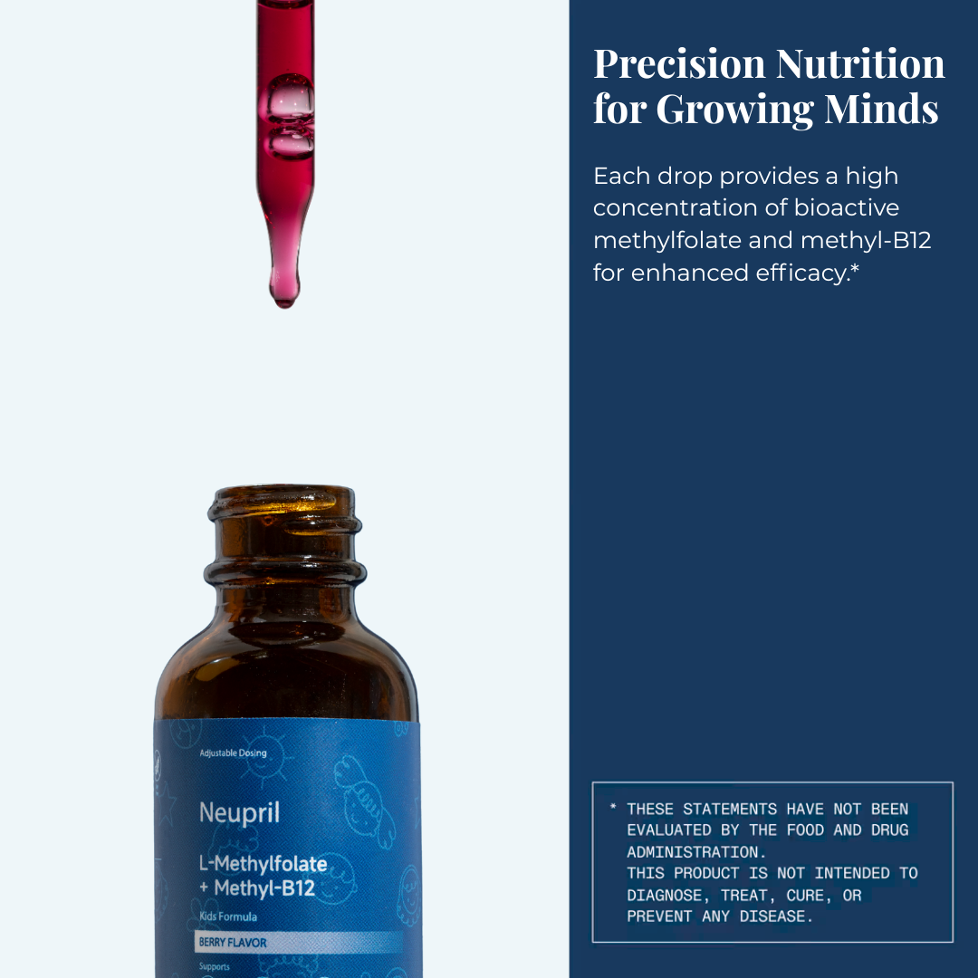 Bottle of Neupril Kids with a blue label and a dropper with red liquid on a white and blue background.