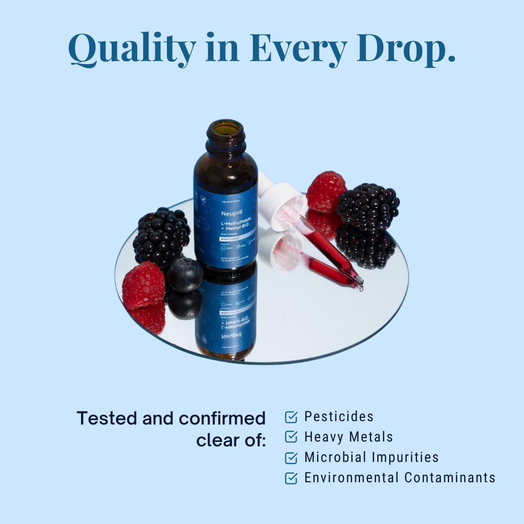 Bottle of liquid with berries on a reflective surface, text about quality and testing.