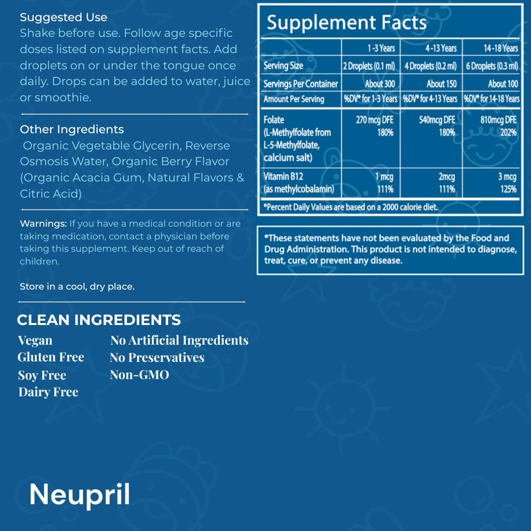 Supplement label for Neupril Kids with ingredient list, supplement facts, and usage instructions on a blue background.