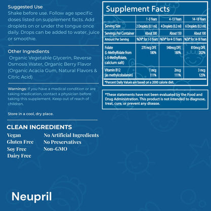 Supplement label for Neupril Kids with ingredient list, supplement facts, and usage instructions on a blue background.