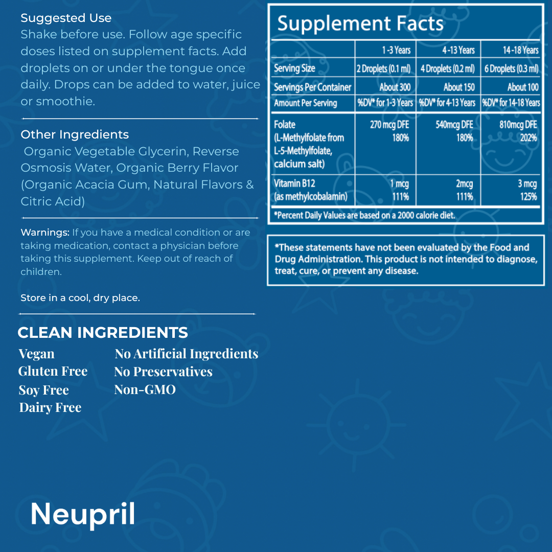Supplement label for Neupril Kids with ingredient list, supplement facts, and usage instructions on a blue background.