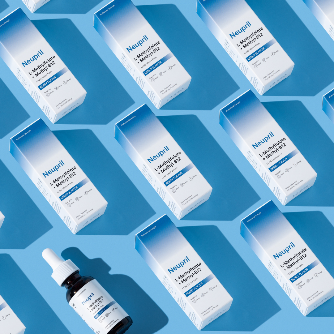 A grid pattern of Neupril Professional Strength L-Methylfolate + Methyl-B12 supplement boxes in white and blue, with a single amber glass dropper bottle featured in the bottom left corner against a bright blue background